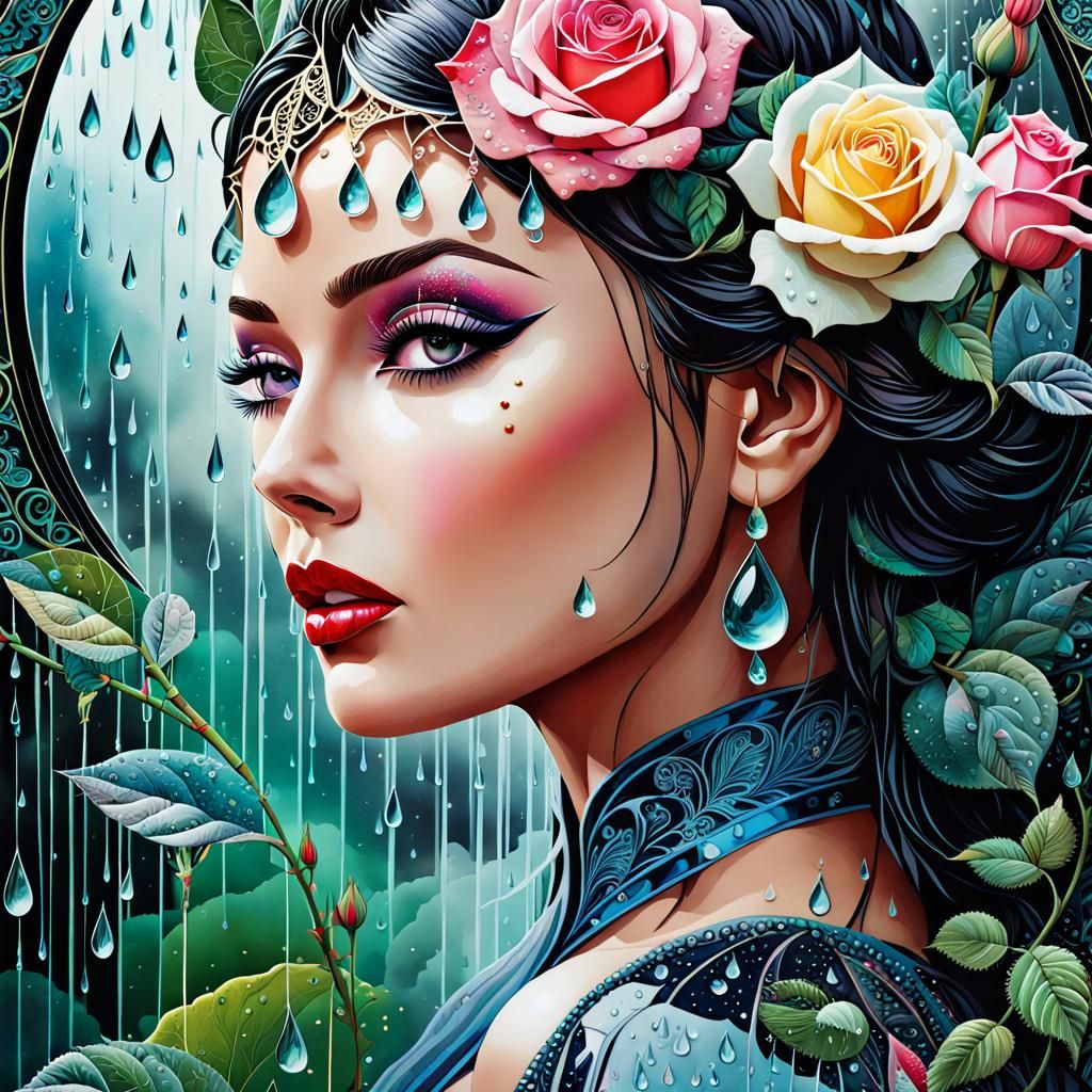 Mystical Double Exposure: Raindrops, Roses, and Dreamy Woman