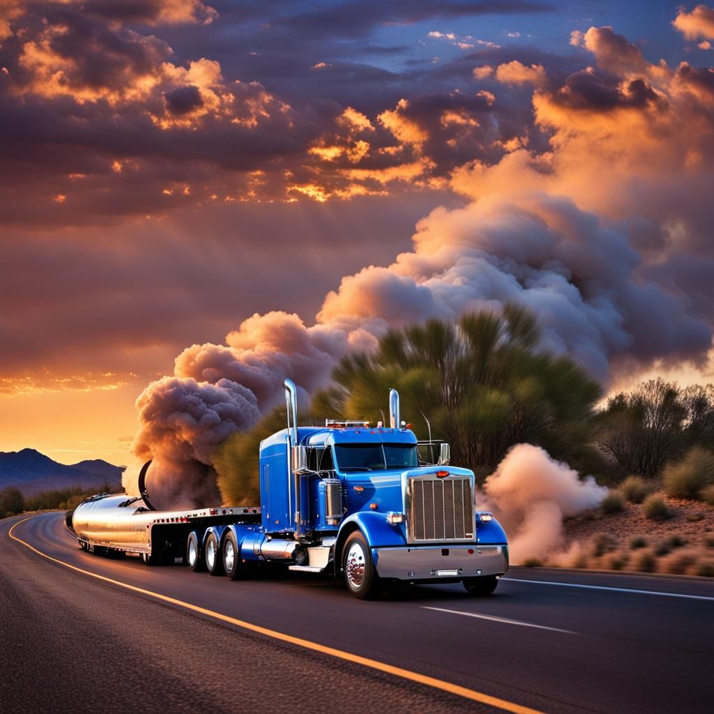 Blue Peterbilt Truck at Dusk in Arizona