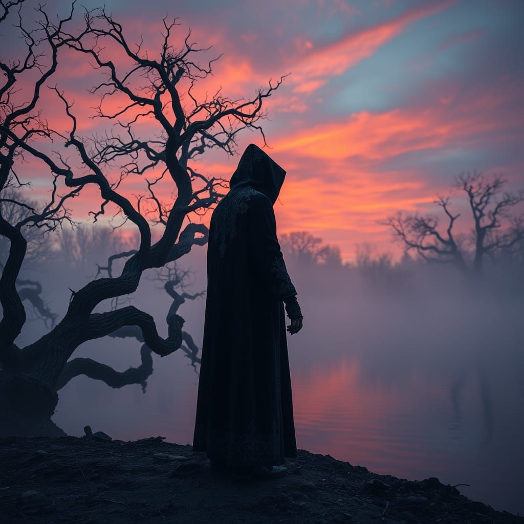 Mysterious Figure at Dusk in a Twisted, Ancient Landscape