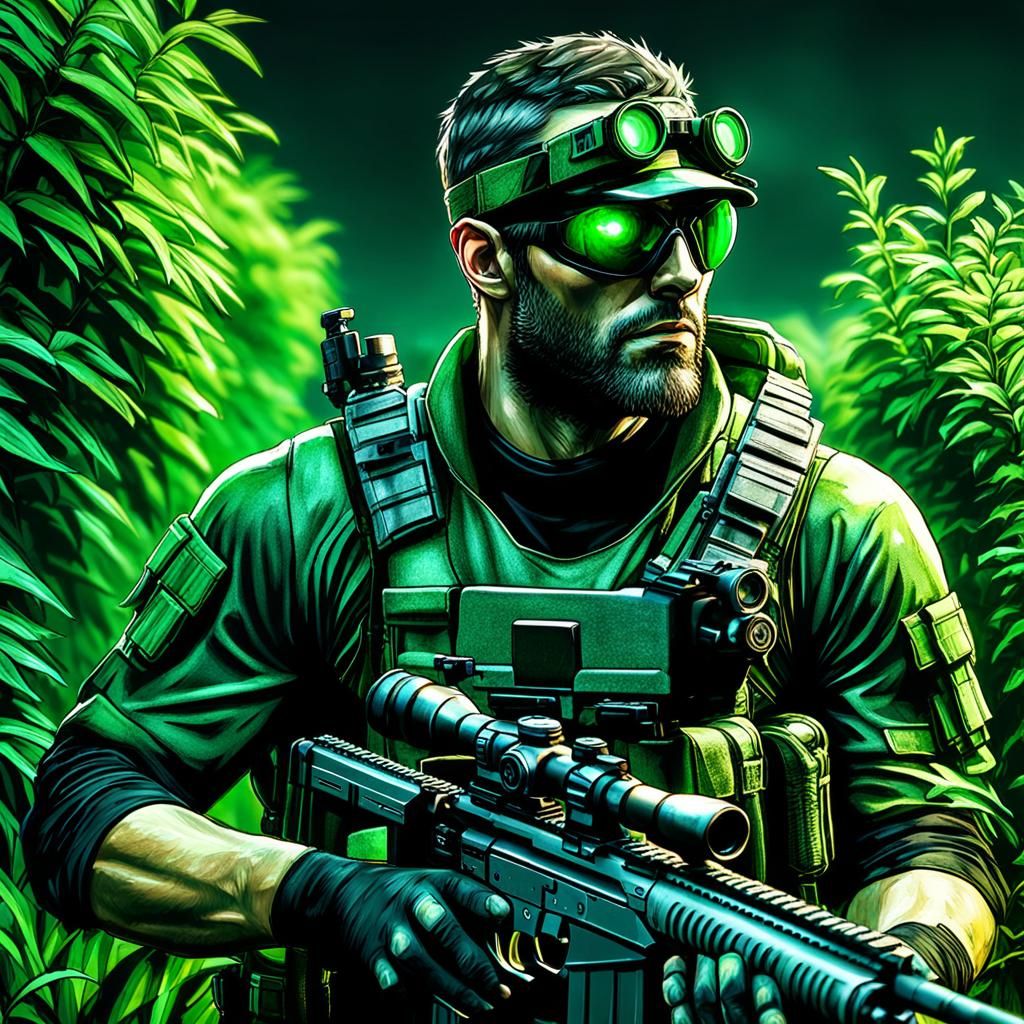 Hyperrealistic Sniper as Sam Fisher in Bushes