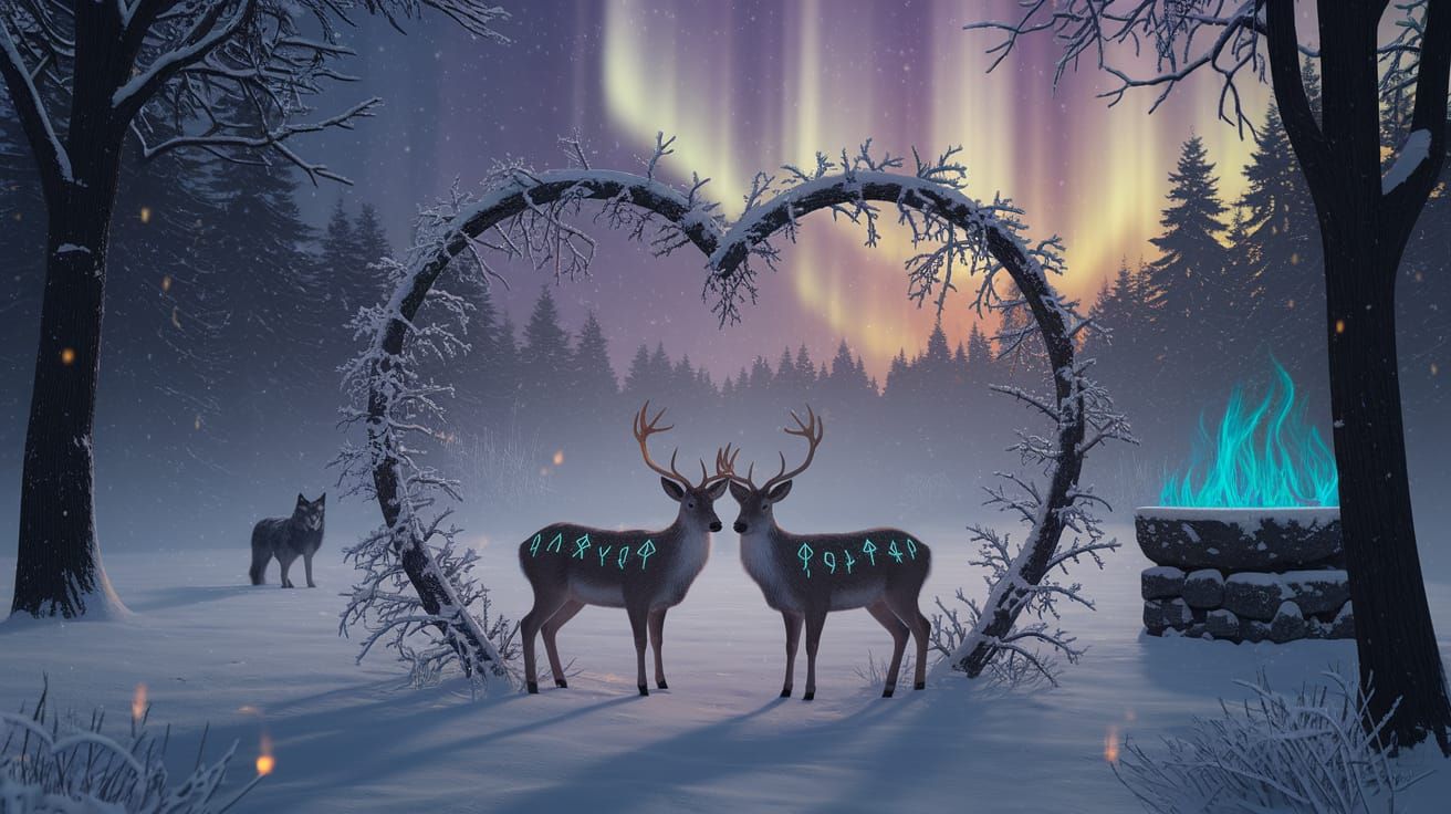Enchanted Twilight Forest with Glowing Deer and Runes