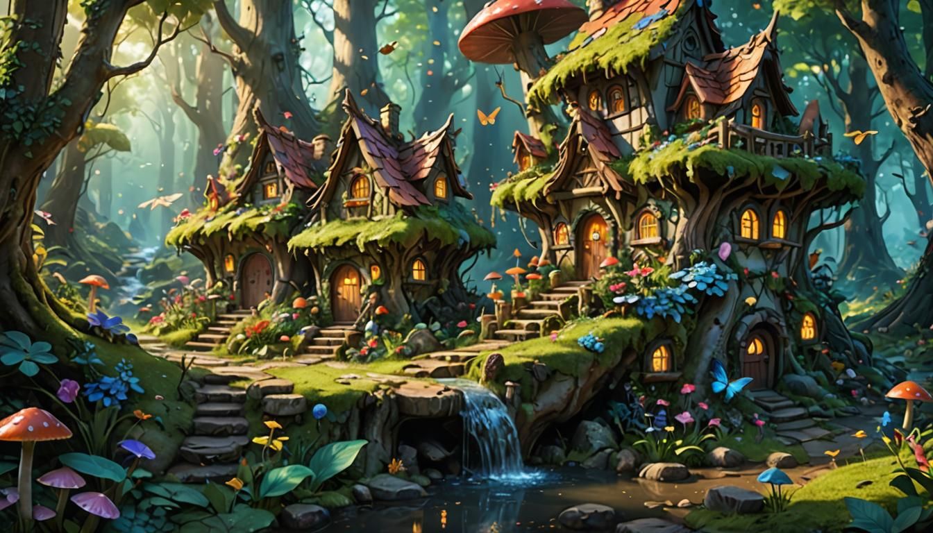 Hyperrealistic Fairy Village in Forest Concept Art