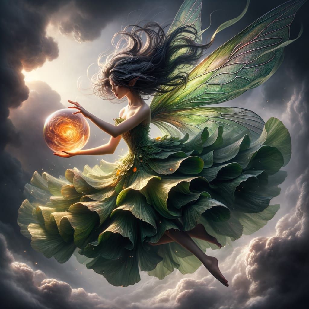 Fairy Queen with Glowing Orb in Stormy Sky