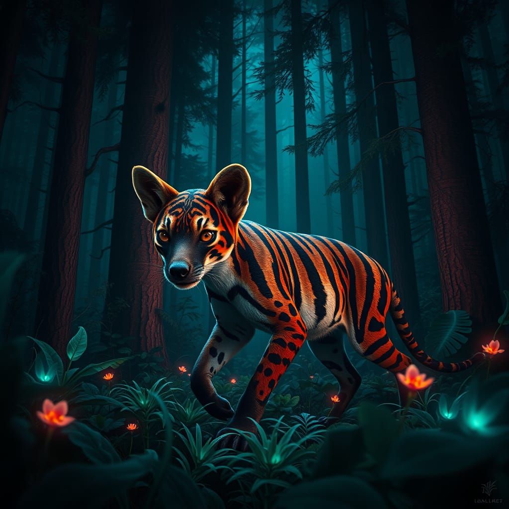 Hyperrealistic Thylacine in Mystical Forest