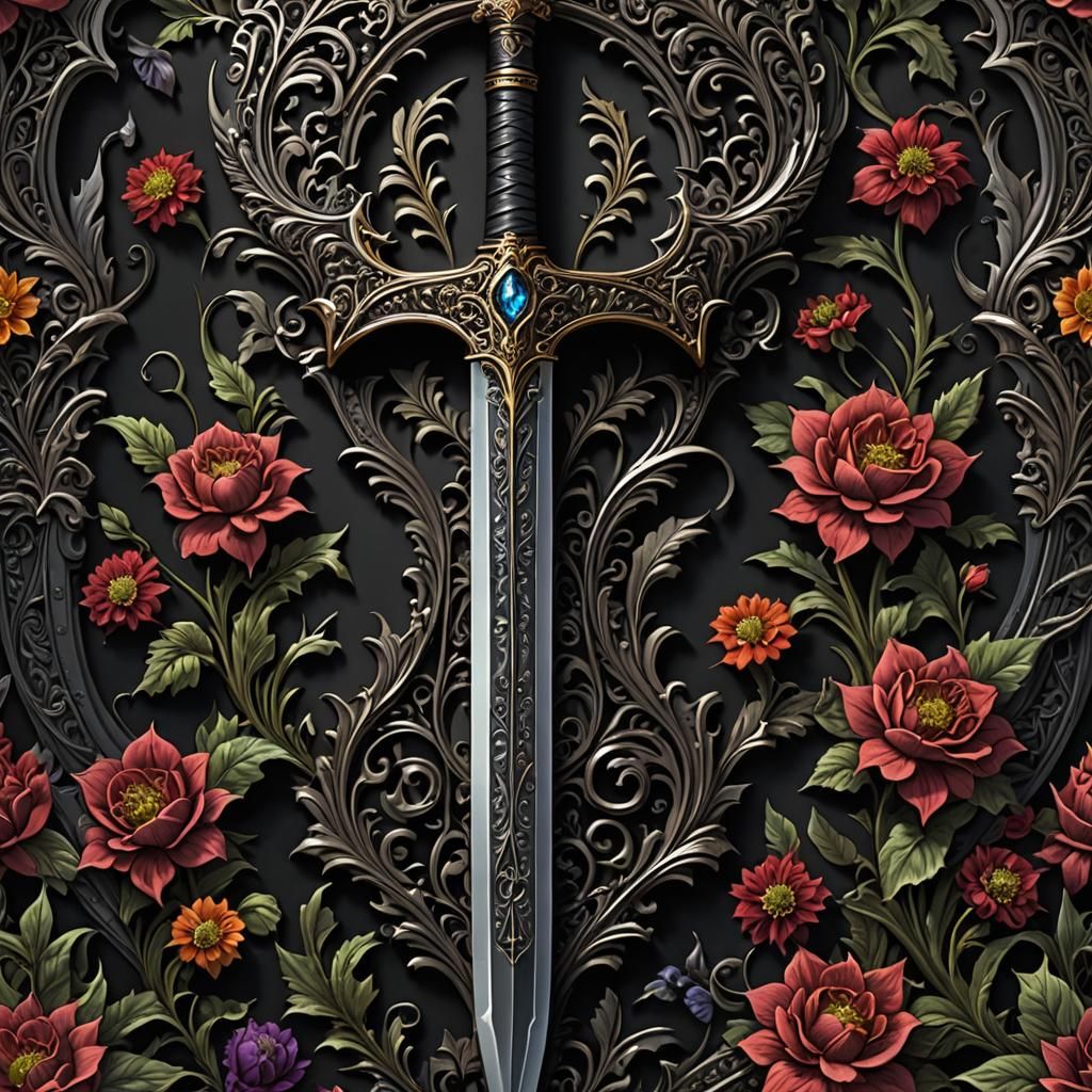 Detailed Dark Fantasy Sword with Intricate Engravings