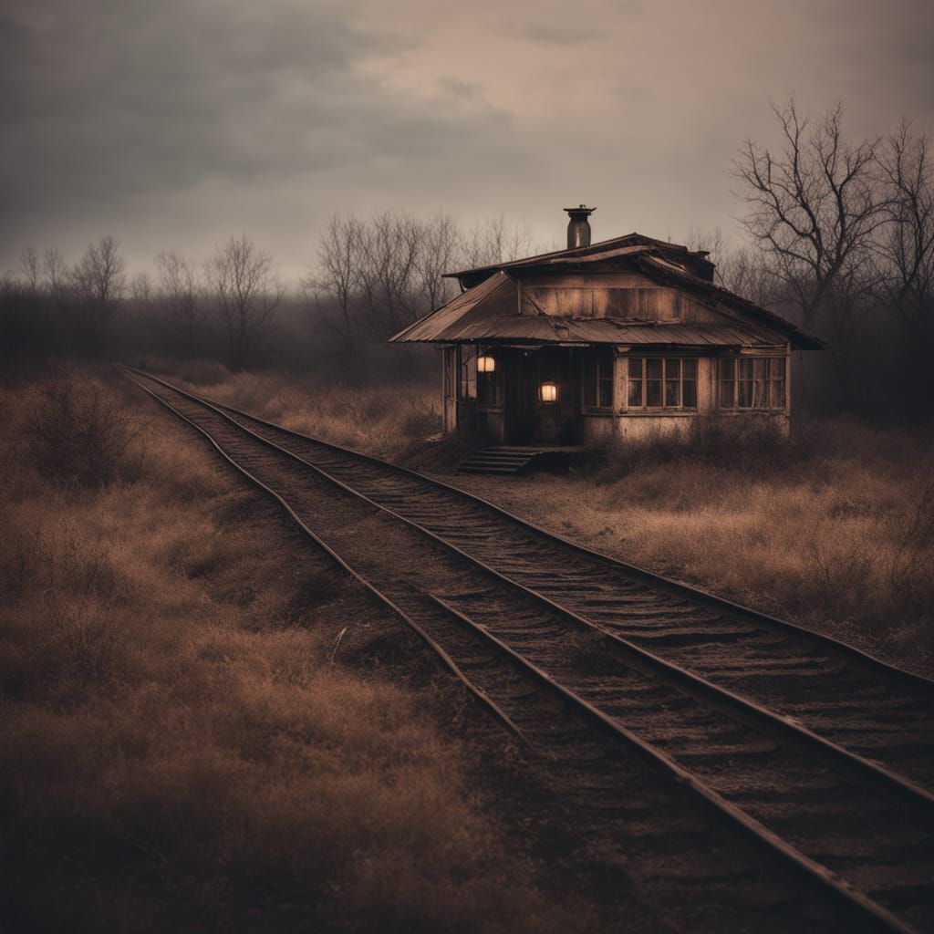 Abandoned Train Station at Dusk in Cinematic Landscape Photo...