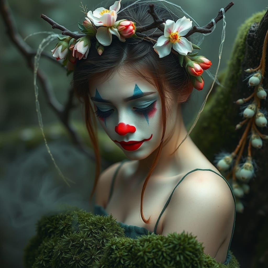 Clown Girl in Enchanted Forest, Ethereal Art