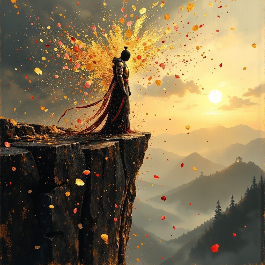 Samurai Dissolving at Cliff Edge in Surreal Illustration