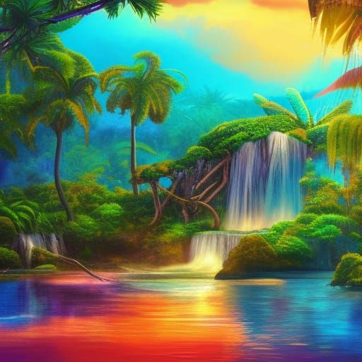 Tropical Oasis Sunset: A Vibrant Fantasy Scene