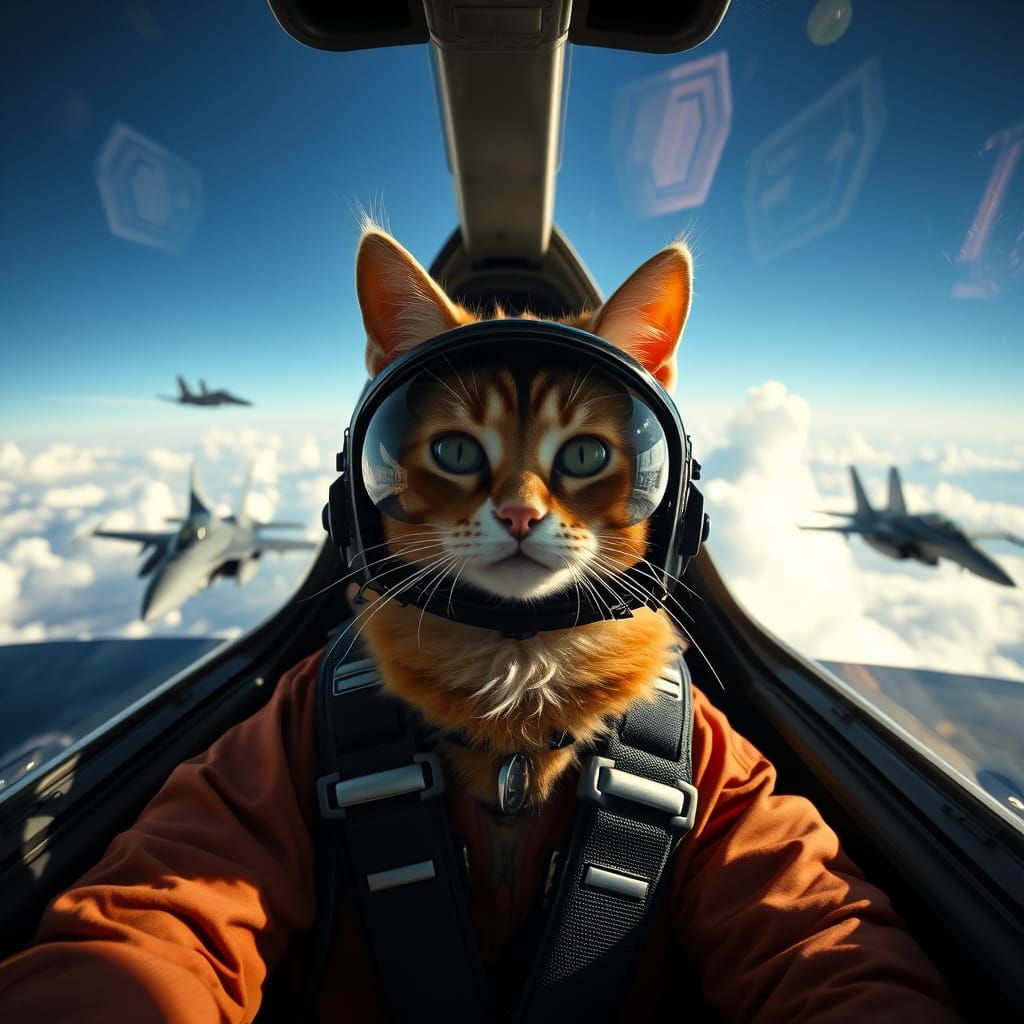 Cat Fighter Pilot in Jet Over Clouds