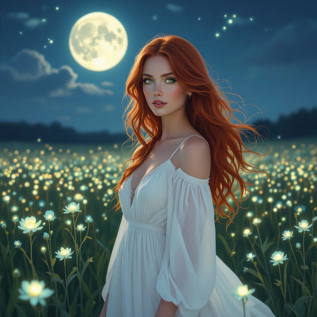 Redhead in Bioluminescent Field Under Triple Moon