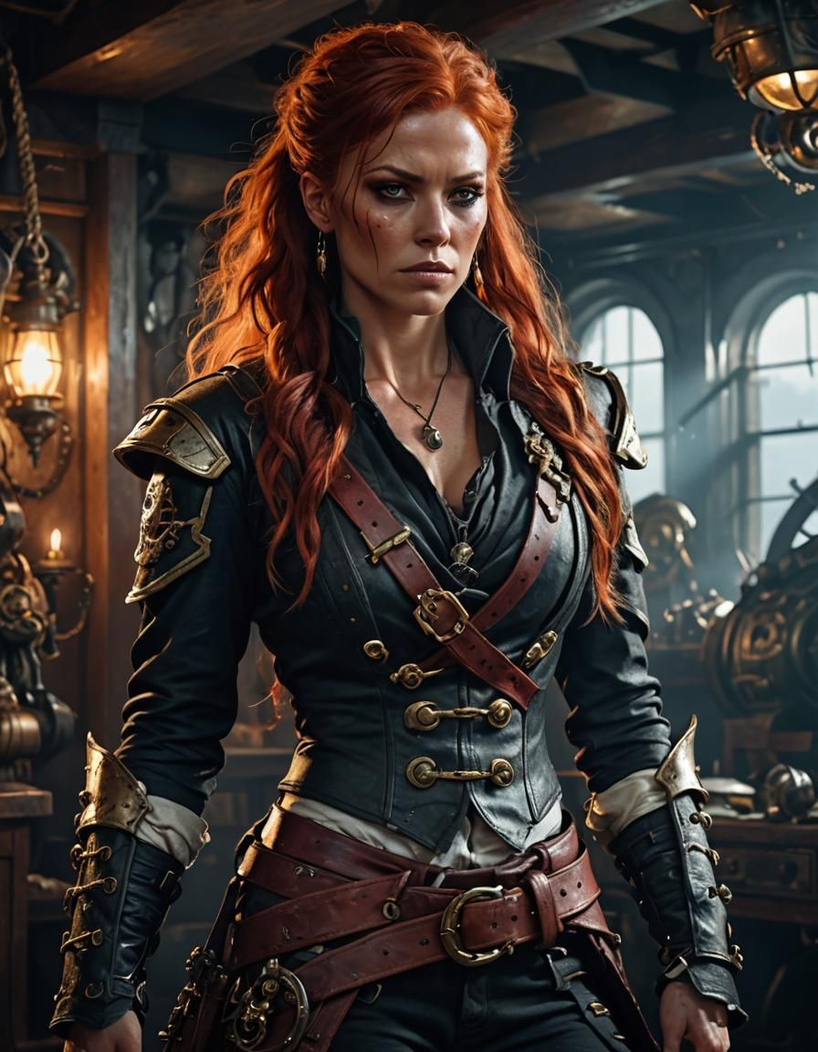 Futuristic Pirate Queen Half Portrait in Captain's Quarters