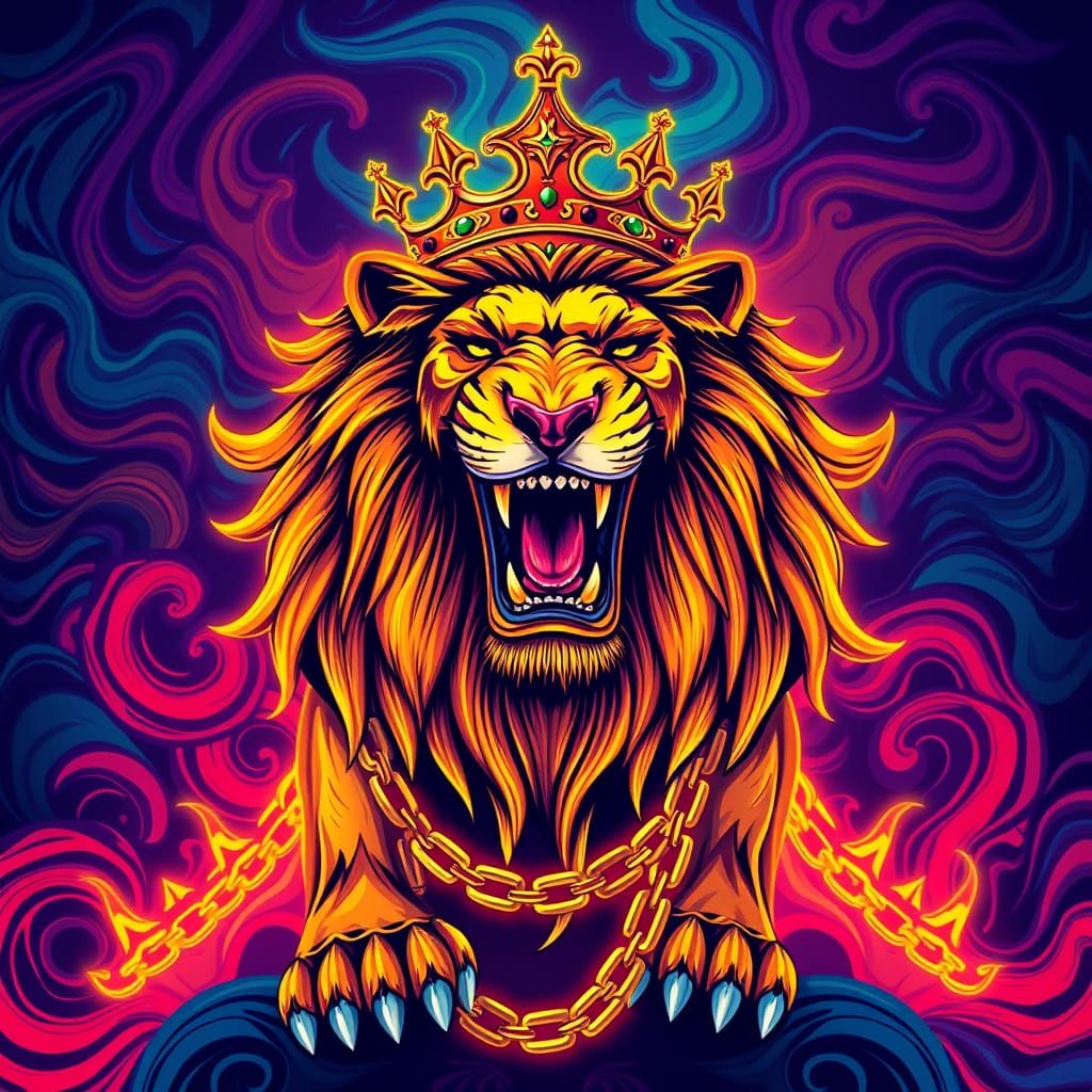 Regal Lion Roaring with Golden Crown: Digital Art