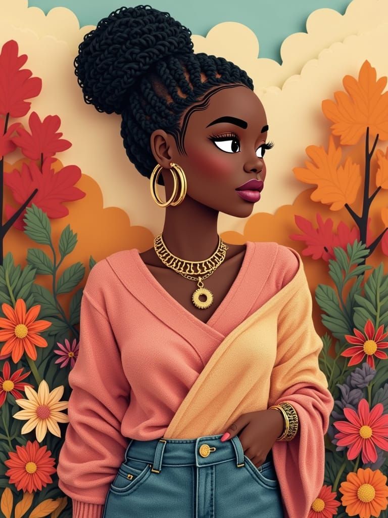 Stylized Woman in Paper Cut Style with Braided Updo