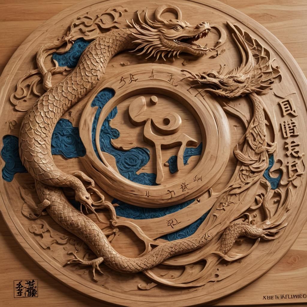 Detailed Wood Carved Ying Yang With Crane and Snake