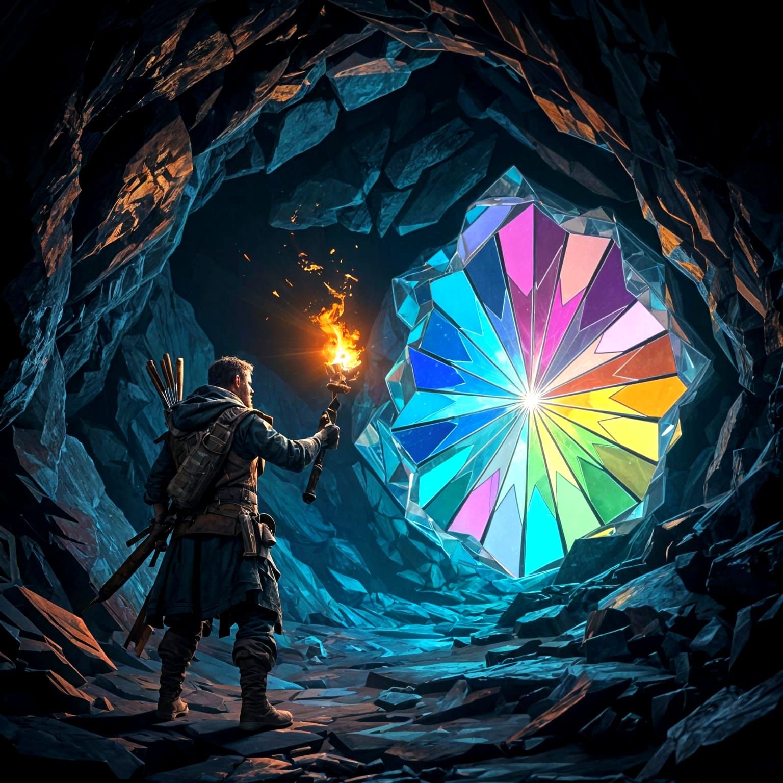 Adventurer Discovers Radiant Prismatic Portal in Gloomy Cave