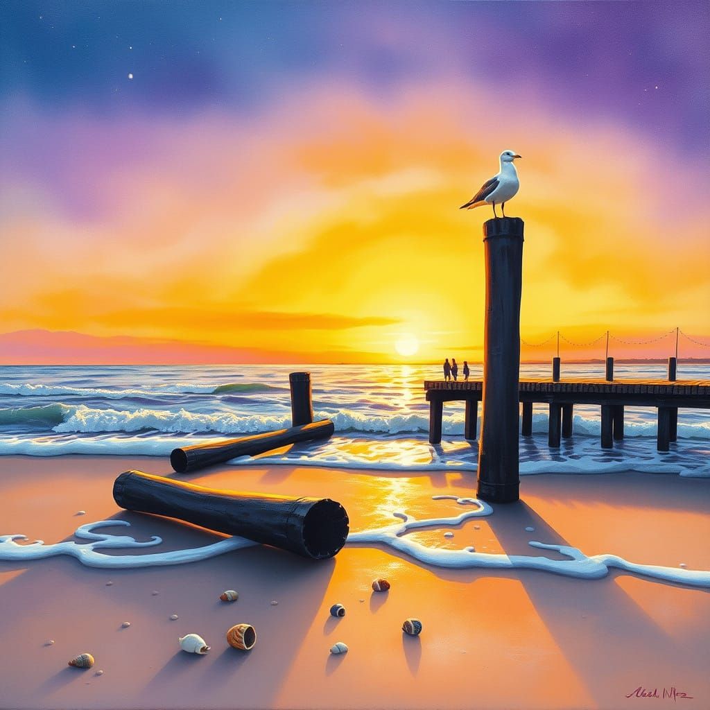 Ethereal Seagull at Sunset on a Weathered Pier