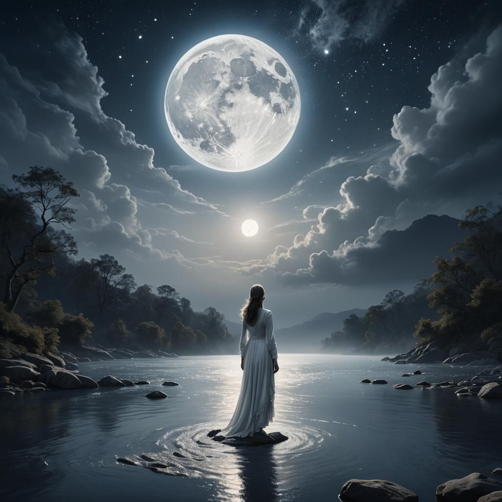 Helderblauwe rivier met een witte schim die naar de hemel ki...