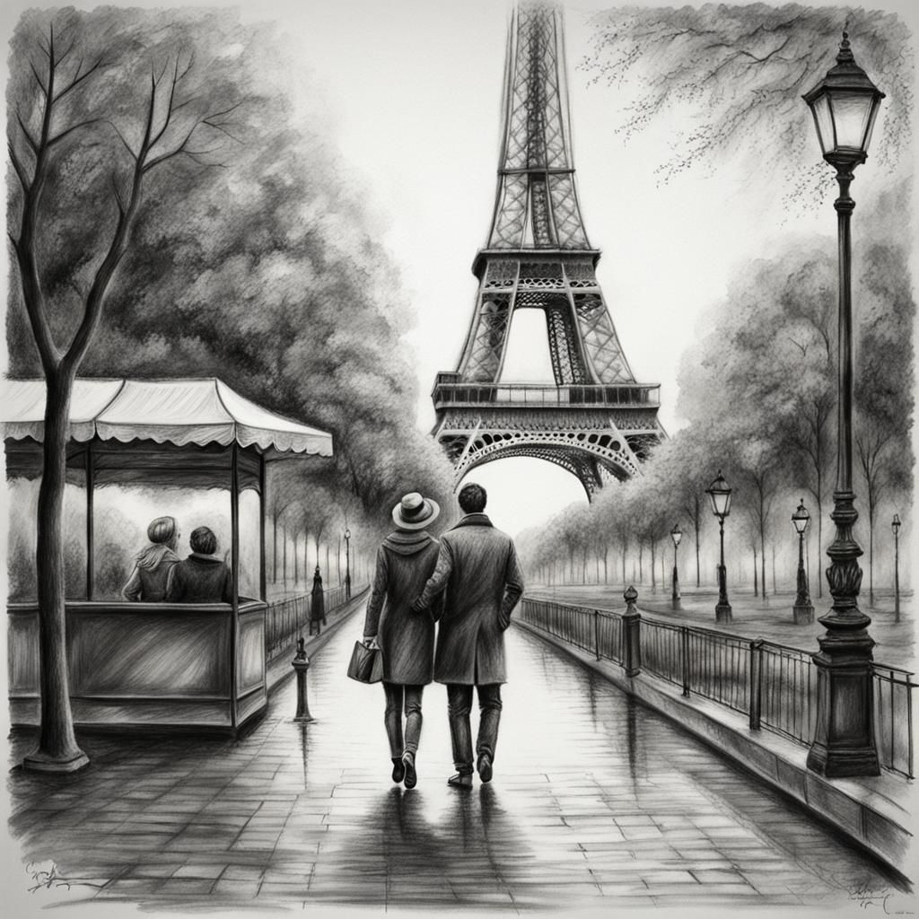 Romantic Couple at Eiffel Tower: Charcoal Drawing