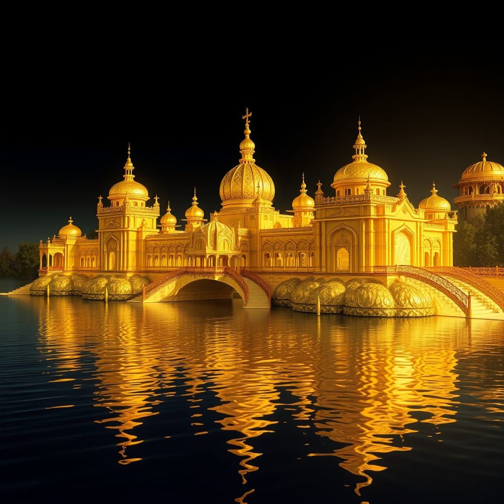 Golden Palace with Waterfalls in Dreamlike Style