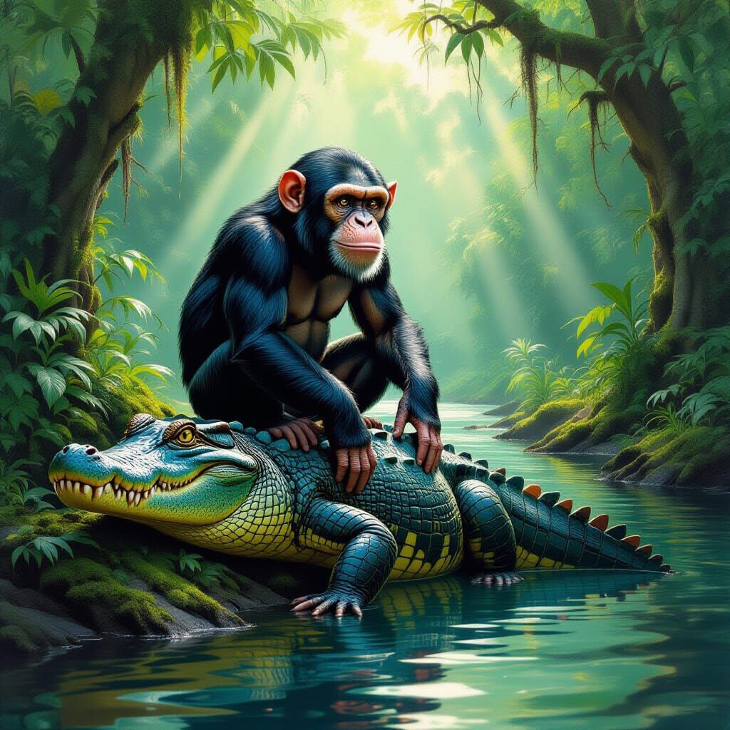 Chimeric Monkey-Crocodile Beast in Surreal Oil Painting Styl...