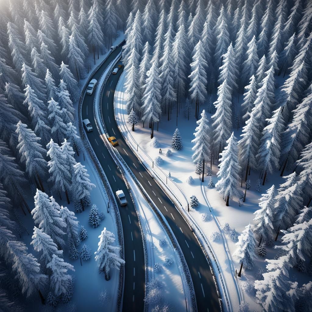Snowy Forest Road: Aerial Drone Photography