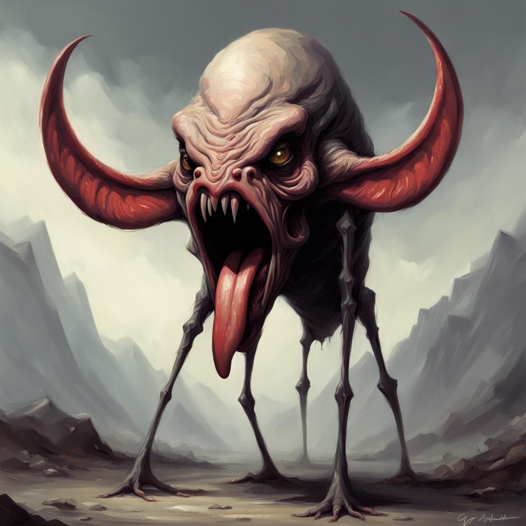 three leg creature with featureless tongue for a head  sinister by Greg Rutkowski