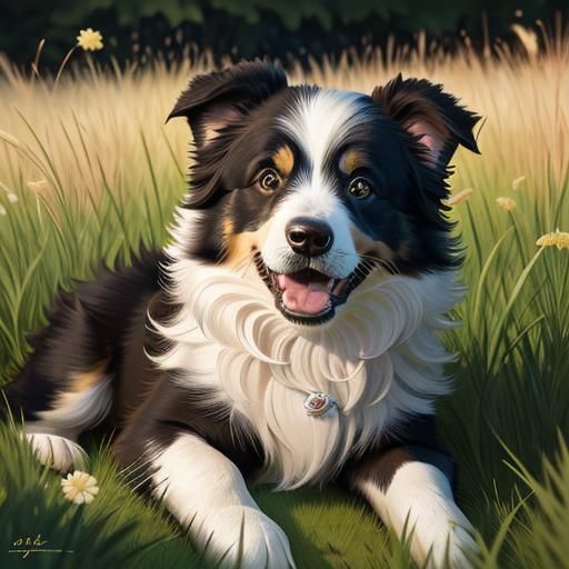 "Border collie puppy playing in long grass"