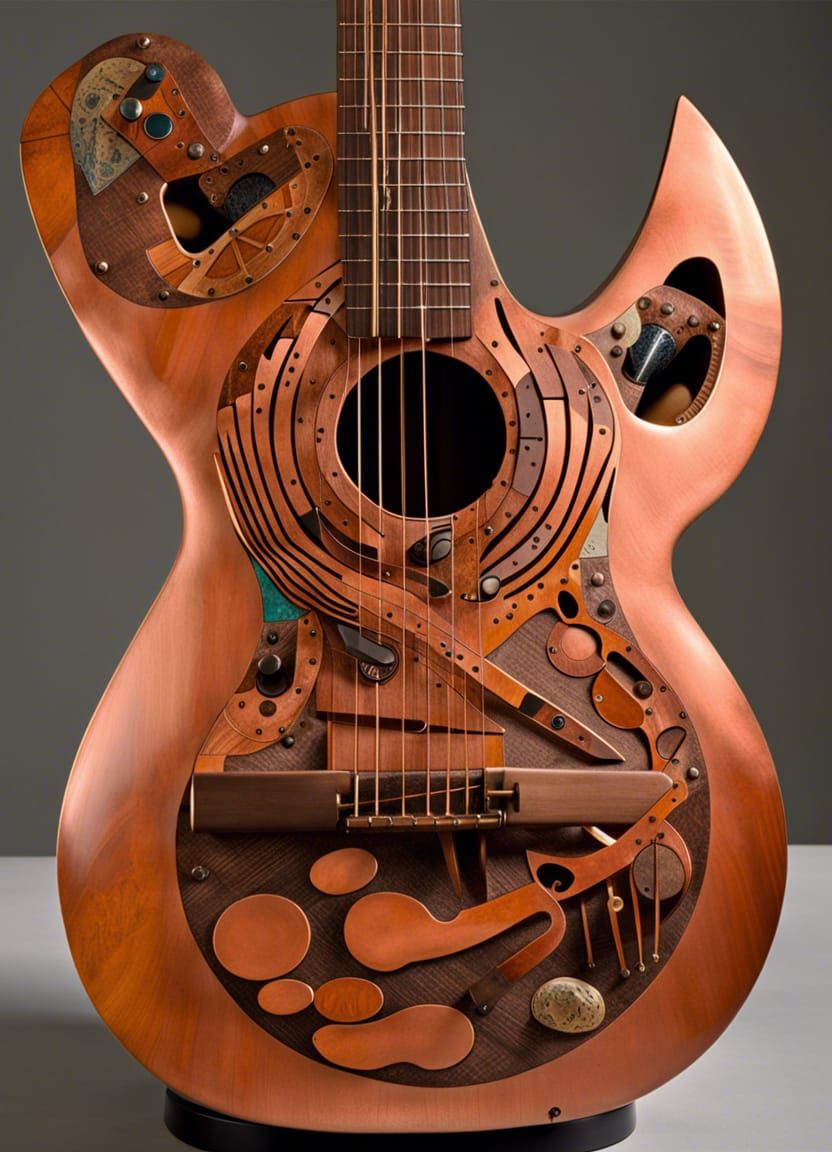 Exotic Wood and Copper Guitar in Surrealist Style