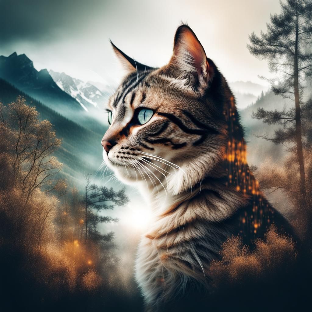 Double Exposure: Cat and Nature Landscape Blend