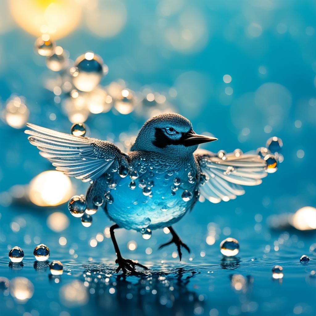 Crystal Water Droplets Reflecting Sunlight with Fairy Bird