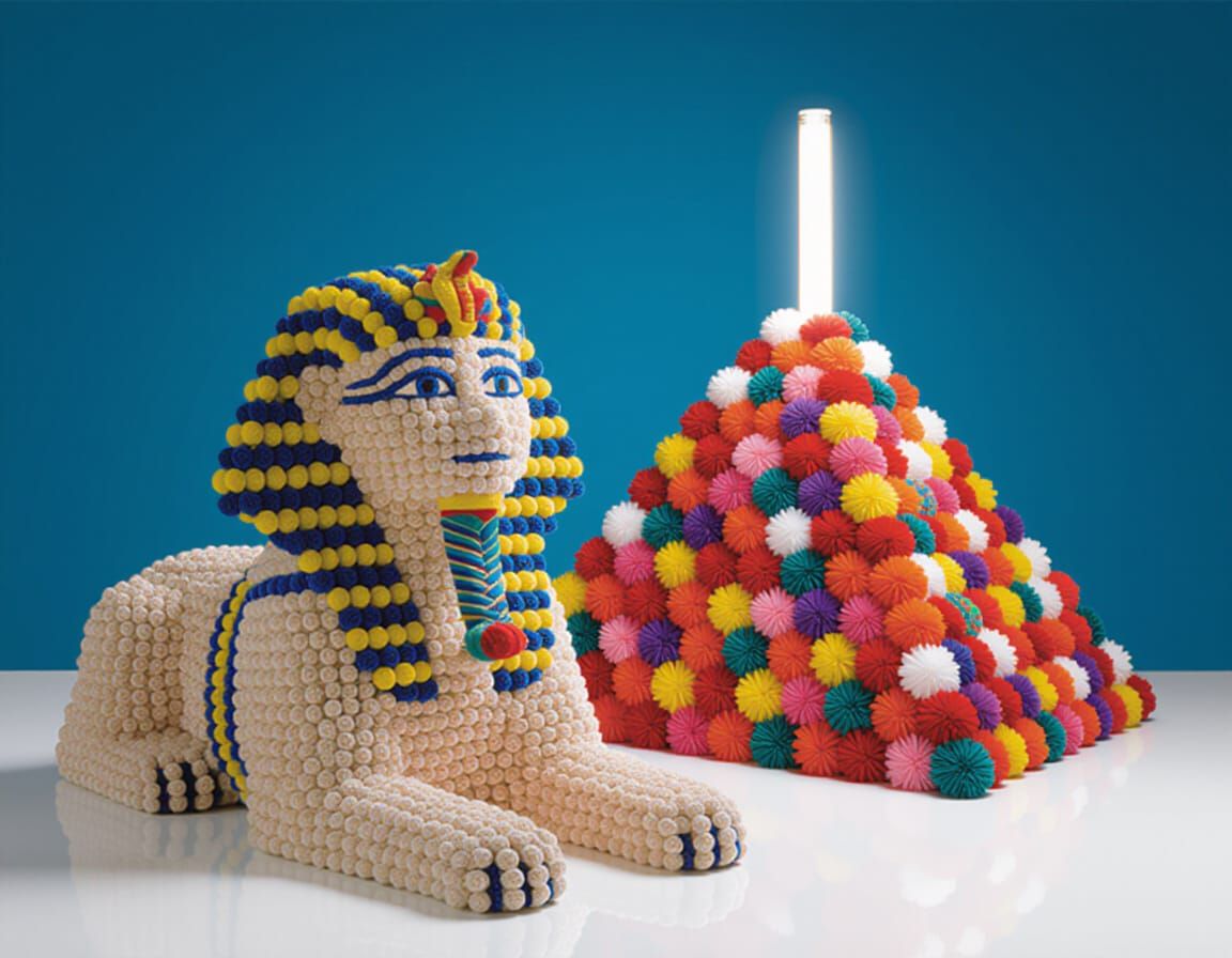 Pompom Sphinx and Pyramid with Light Beam