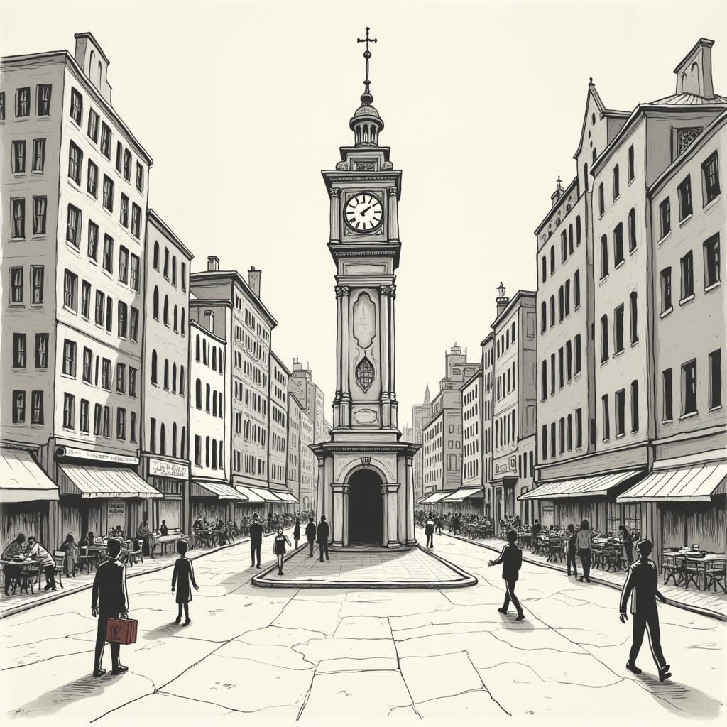 City Crossroads with Clocktower in Surreal Illustration Styl...