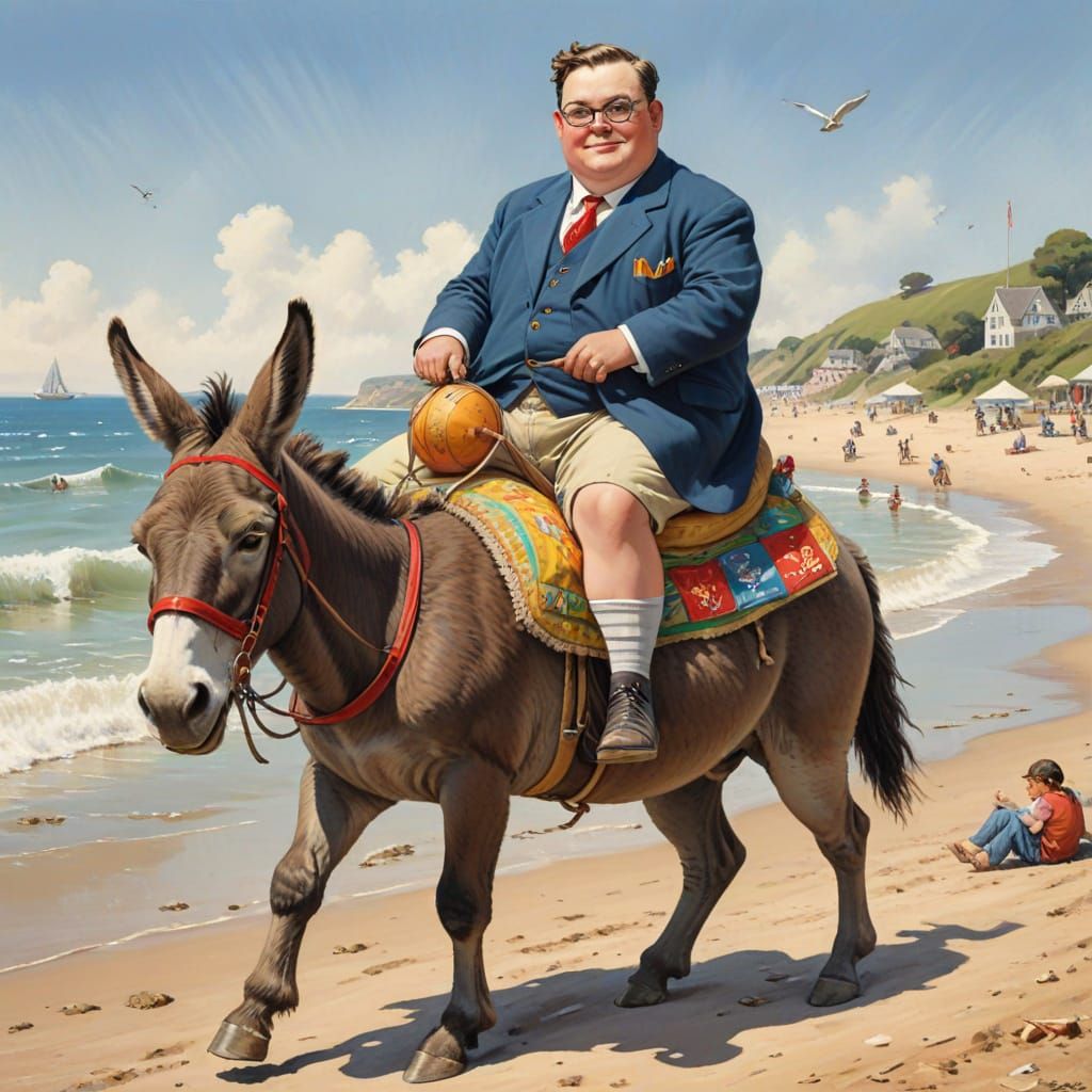 Billy Bunter riding a donkey at the beach,