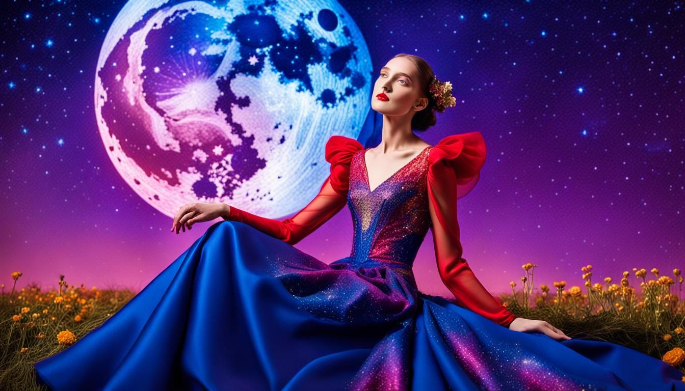 Art Nouveau Woman in Red Before Moonlit Portal