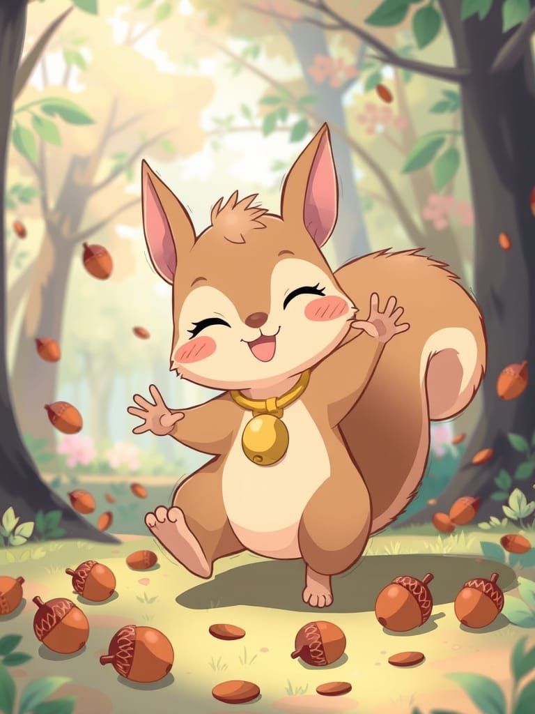 Anime Squirrel Mischief in Vibrant Forest