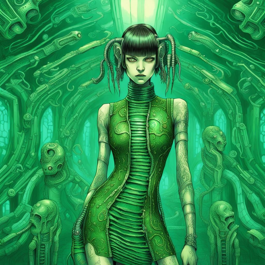 Cyberpunk Biomechanical Goddess in Junji Ito Style