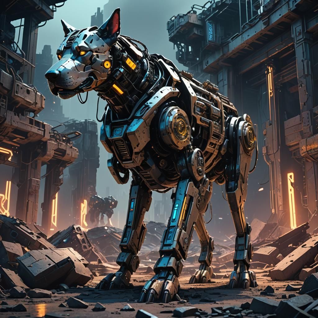 Mutated Cybernetic Dog Amidst Ruins in Sci-Fi Style