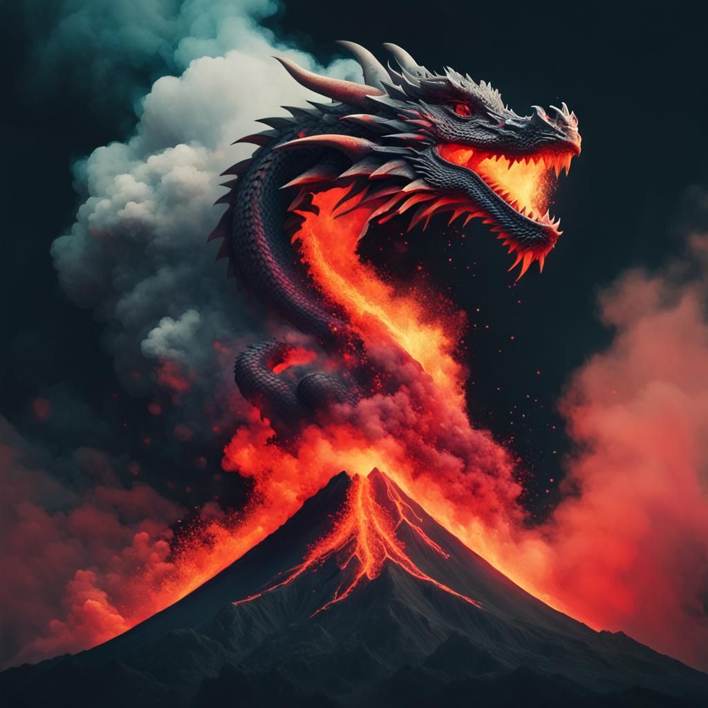 Fiery Dragon Double Exposure in Volcanic Eruption