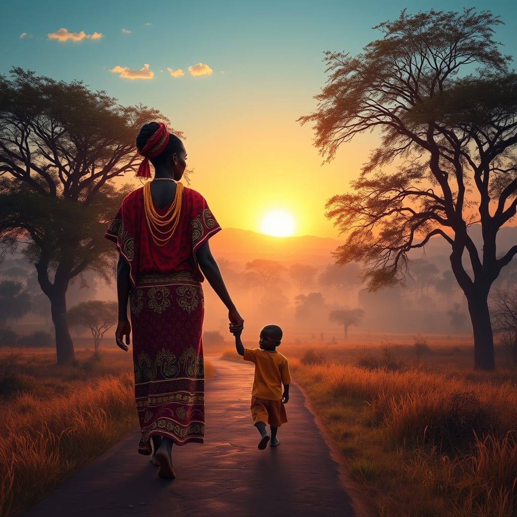 African Mother and Son at Sunset in Digital Illustration