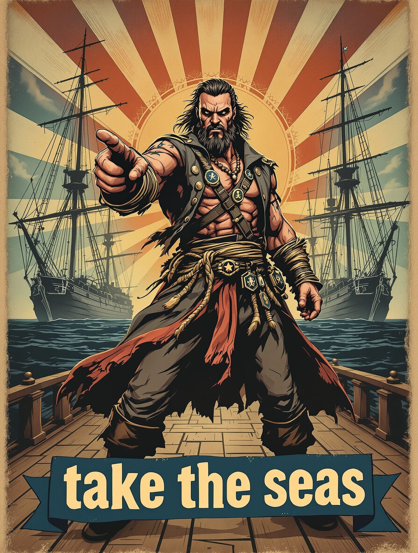 Pirate Captain Propaganda Poster in Dark Fantasy Style