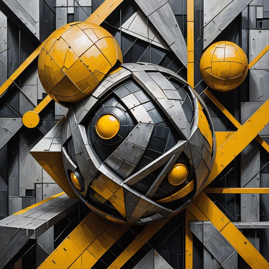 Steel Ball Sculpture in Geometric Cubist Style