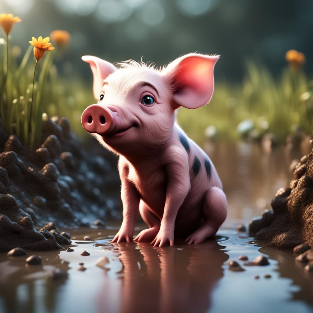 Adorable Piglet Sitting in Mud Puddle: Digital Art