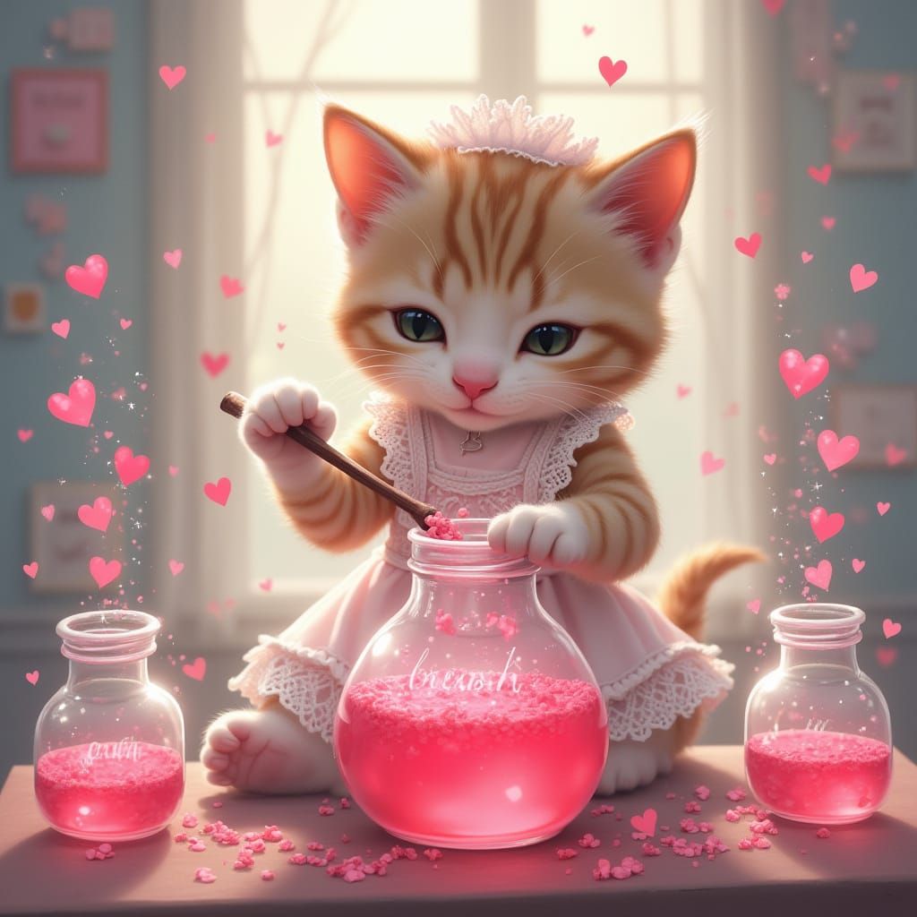 Whimsical Kitten Mixes Vibrant Pink Love Potion with Floatin...