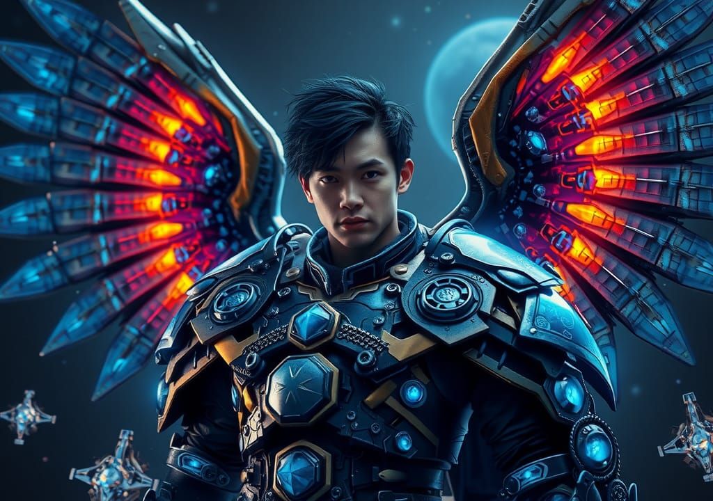 Mech Paladin with Gothic Wings in Sci-Fi Setting