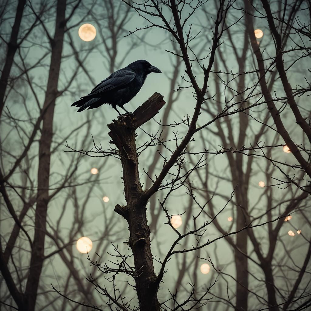 Detailed Crow Portrait Under Moonlight in Forest