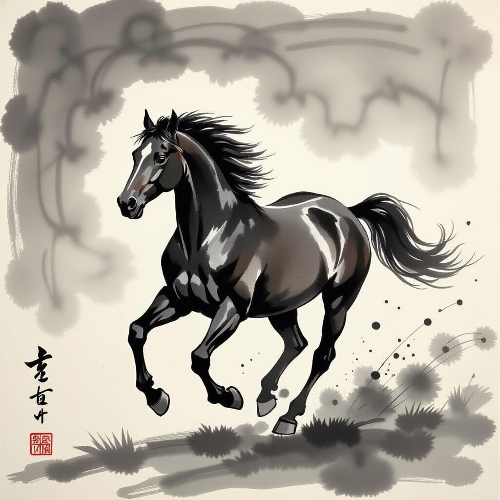 Dynamic Ink Sketch of a Galloping Horse