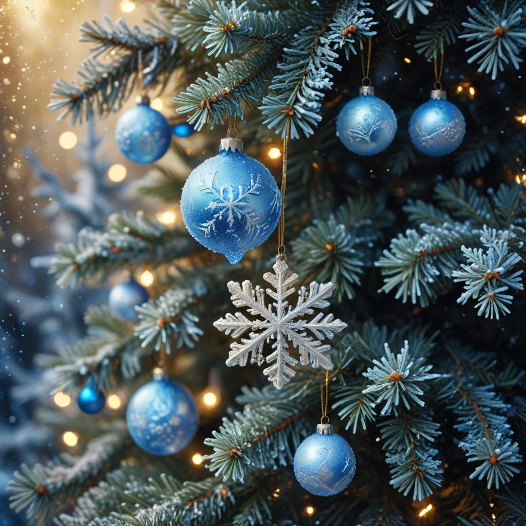 Snowflakes Fall on Blue Christmas Tree: Oil Painting