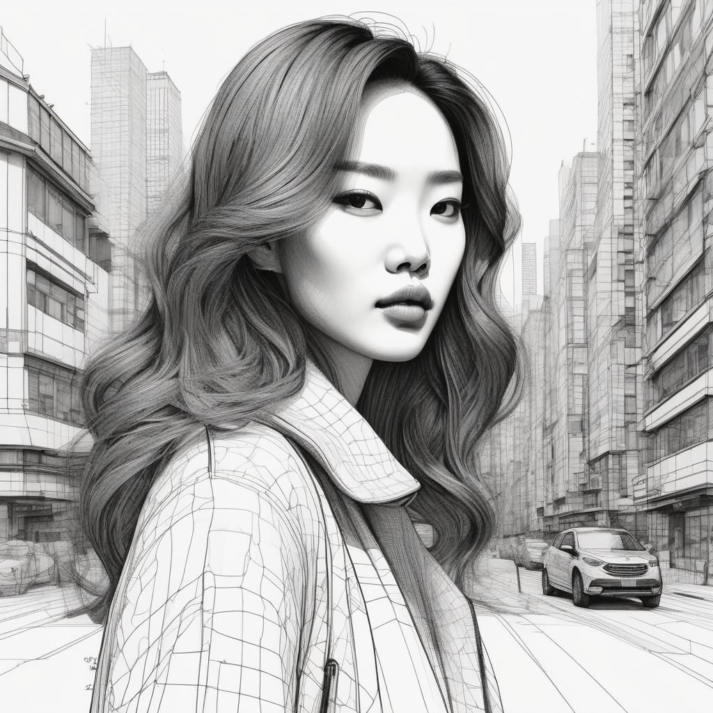 Minimalist Charcoal Drawing of Korean Woman in City