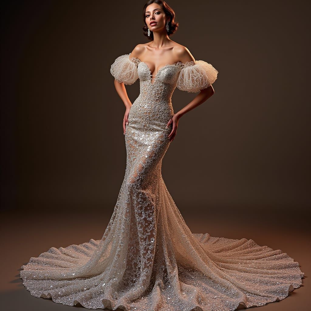 Elegant Regal Woman in Crystal and Diamond Evening Gown